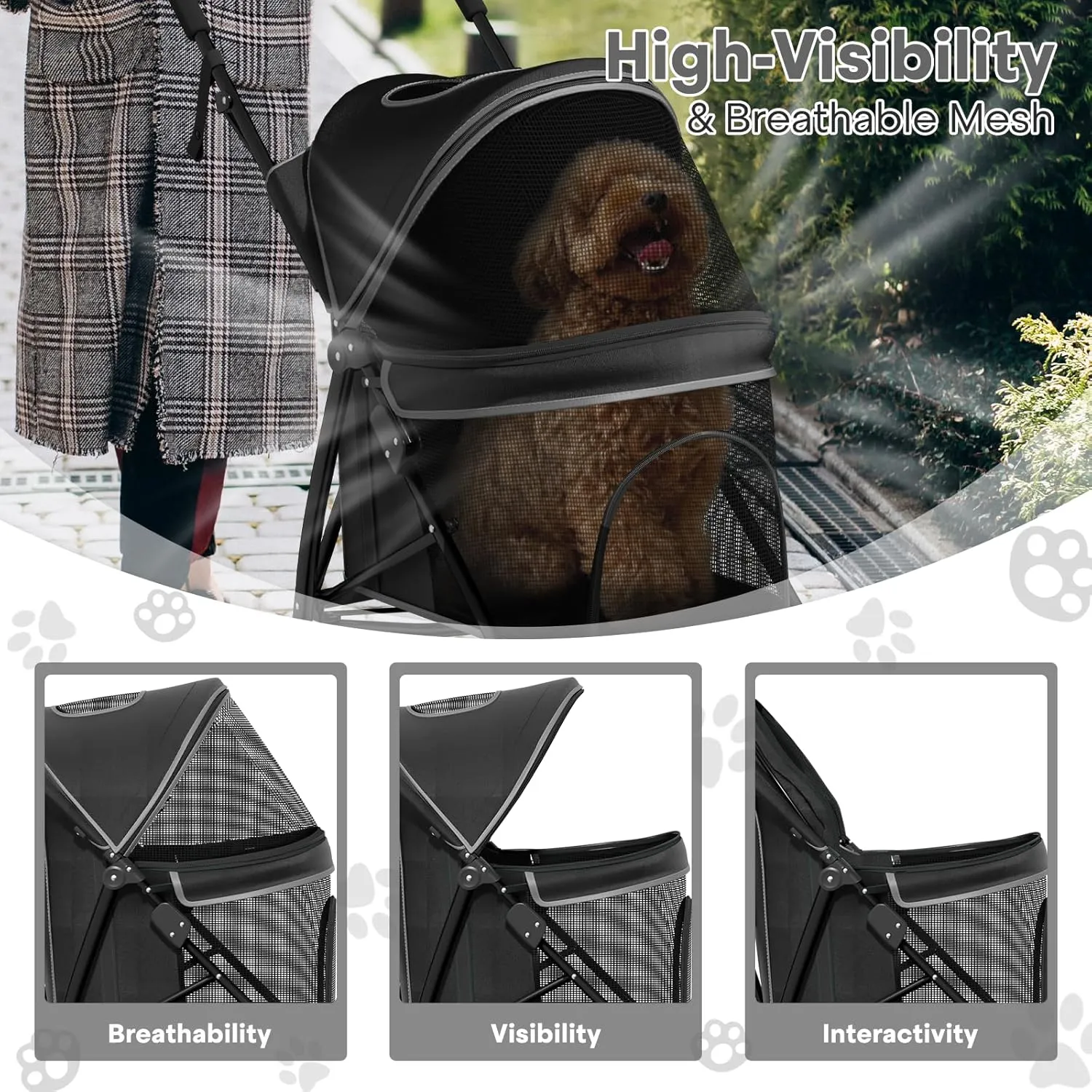 Pet Stroller for Small Dogs & Cats, 10-22lbs, Rear Storage, Black