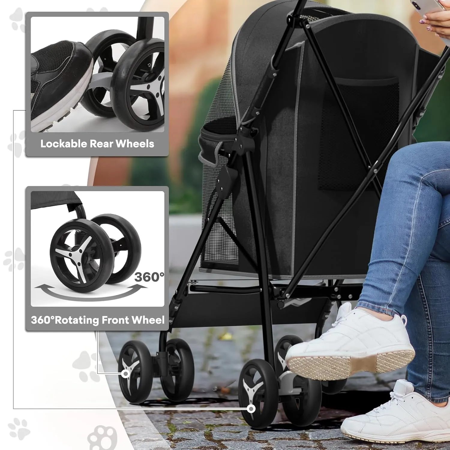 Pet Stroller for Small Dogs & Cats, 10-22lbs, Rear Storage, Black