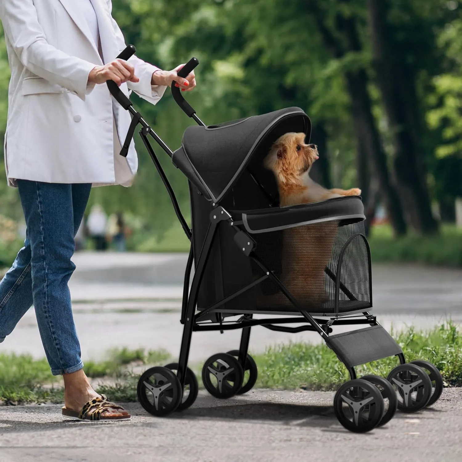 Pet Stroller for Small Dogs & Cats, 10-22lbs, Rear Storage, Black