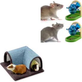 Small Pet Combo - Guinea Pig Fleece Tunnel and Rat Foraging Toy Set for Hamsters Chinchillas Parakeets Cage Accessories Blue