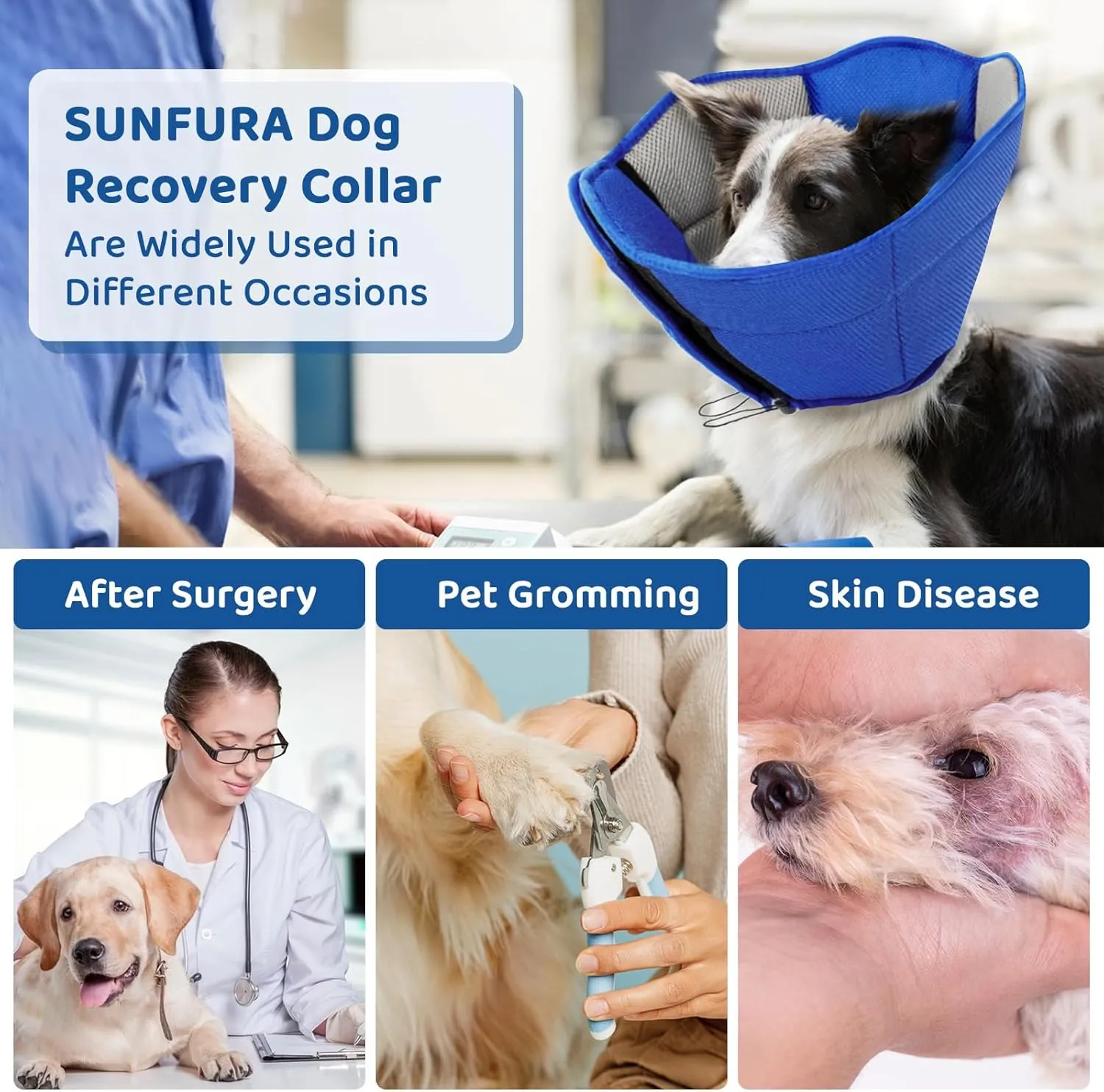 SUNFURA Dog Cone - Soft Cone for Dogs to Stop Licking, Pet E-Collar Alternative After Surgery, Adjustable Pet Recovery Collar for Wound Healing, Blue Medium