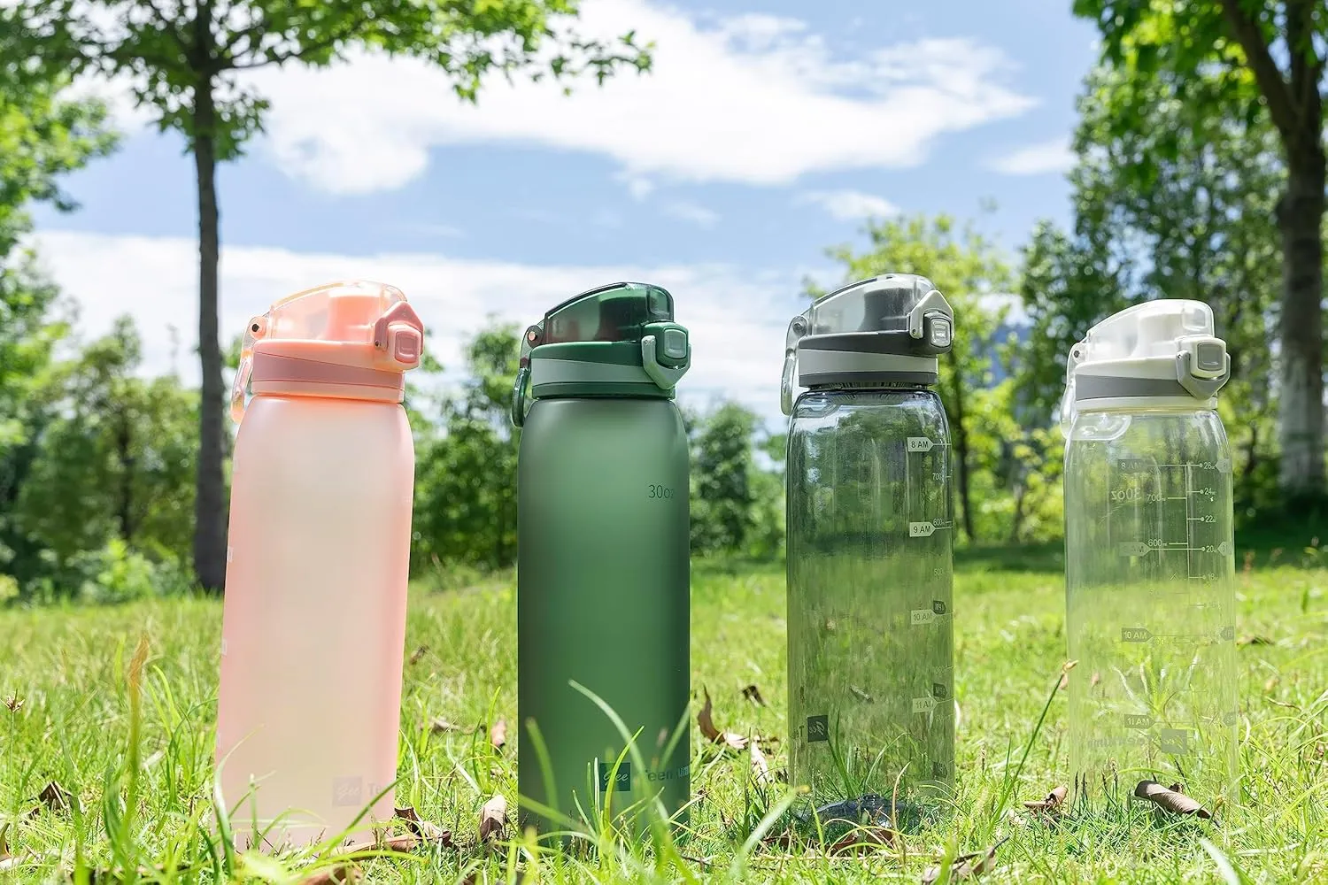 Time Marker Water Bottle 30 oz with Push Button Motivational Measurement Marker, Reusable Tritan Plastic Water Jug for Workout Sport Travel Water Tracker (Pack of 1)