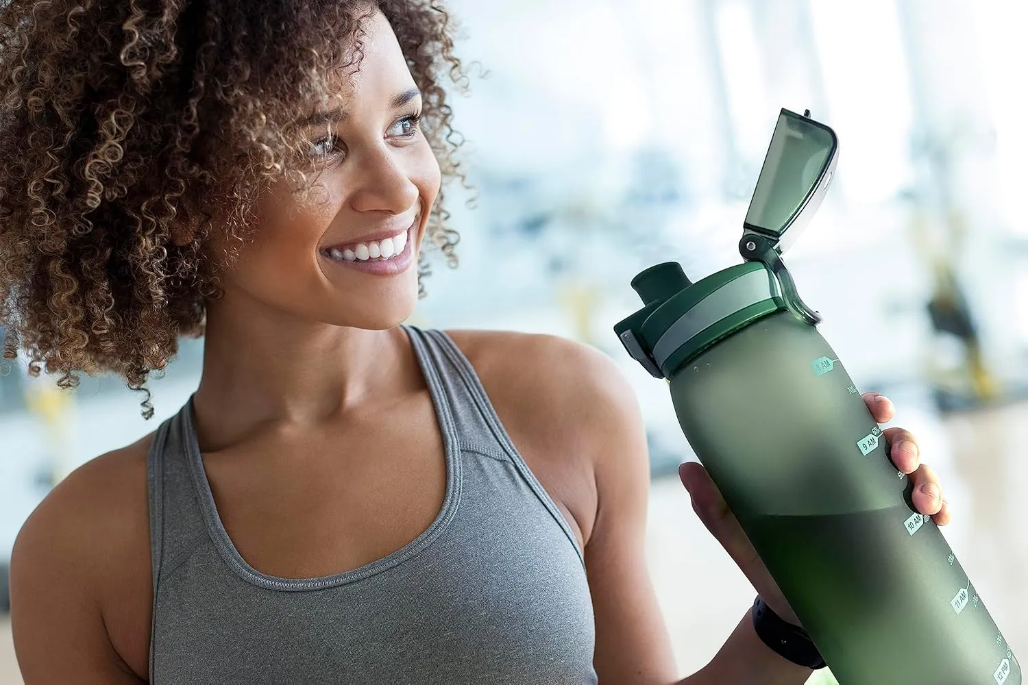 Time Marker Water Bottle 30 oz with Push Button Motivational Measurement Marker, Reusable Tritan Plastic Water Jug for Workout Sport Travel Water Tracker (Pack of 1)