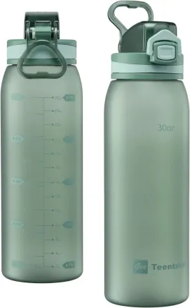 Time Marker Water Bottle 30 oz with Push Button Motivational Measurement Marker, Reusable Tritan Plastic Water Jug for Workout Sport Travel Water Tracker (Pack of 1)