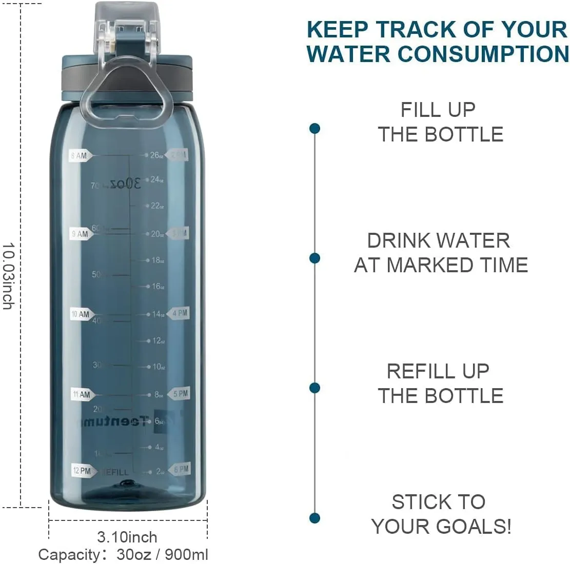 Time Marker Water Bottle Gym, 30oz Large Durable Transparent Bottle for Workout Sport Travel Water Tracker Blue (Pack of 1)