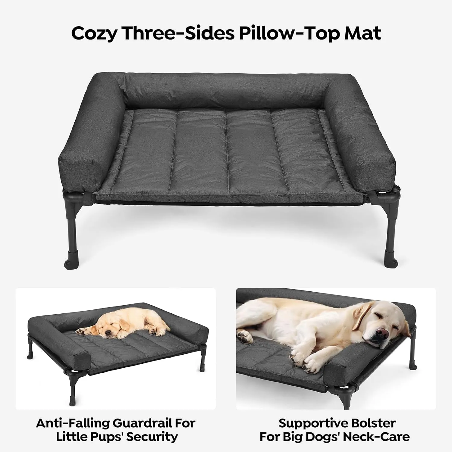 Veehoo Cooling Elevated Dog Bed Add Removable Waterproof Bolster Cushion Mat, Raised Pet Cot with Breathable Teslin Mesh, No-Slip Feet, Dog Sofa Bed for Indoor Outdoor, Medium, Black CWC2331B