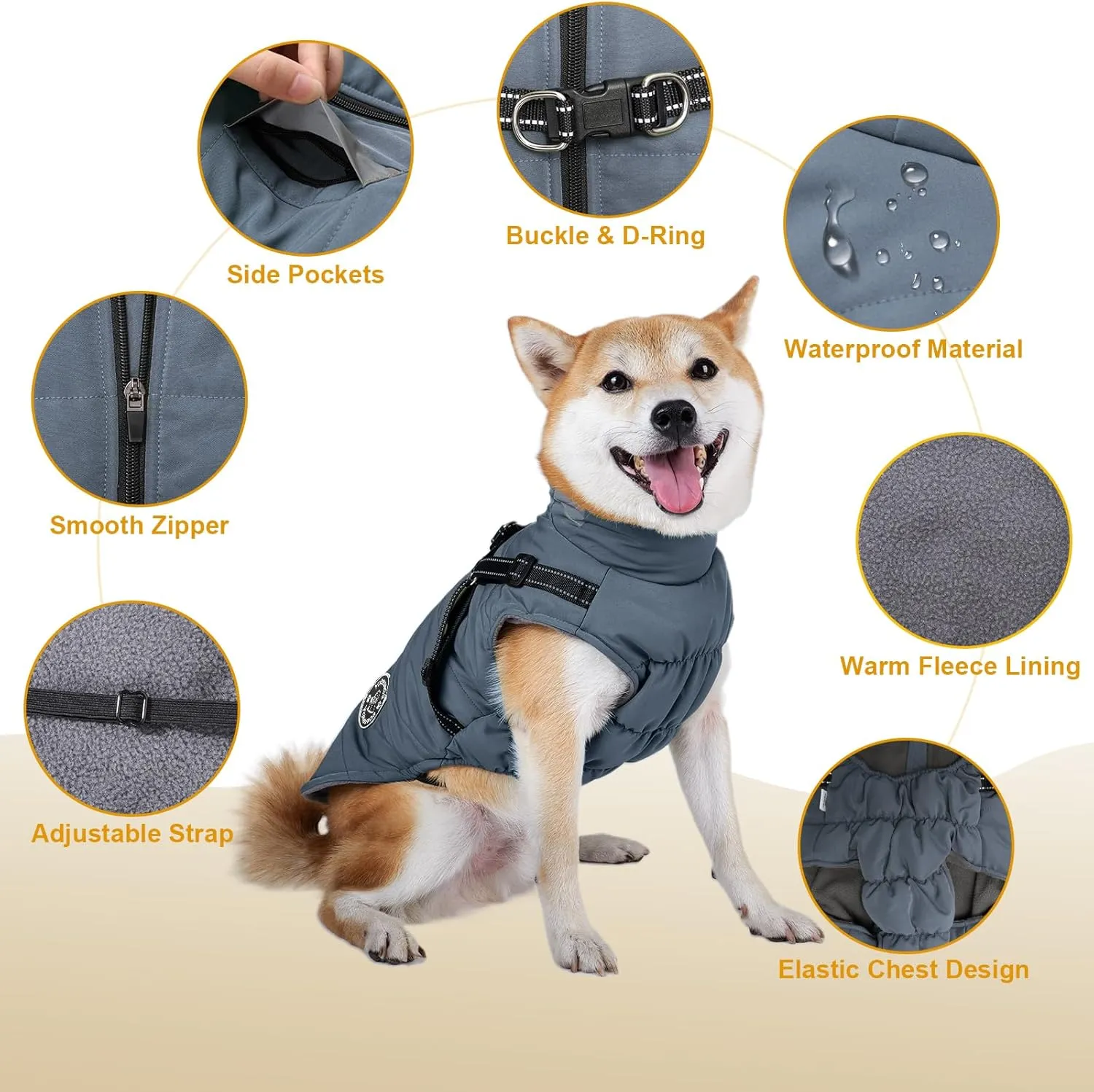 Warm Dog Jacket - Fleece Coat with Built-in Harness, Waterproof Vest, Reflective Stripes, Blue, S, M, L