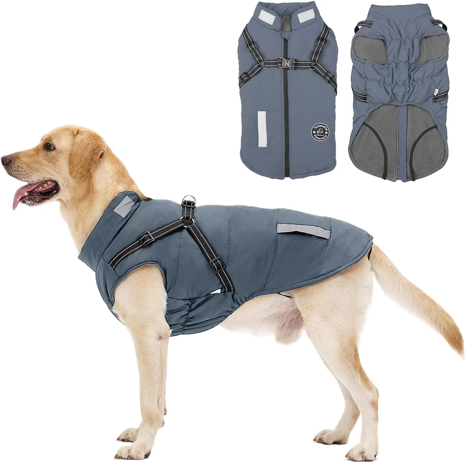 Warm Dog Jacket - Fleece Coat with Built-in Harness, Waterproof Vest, Reflective Stripes, Blue, S, M, L
