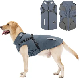 Warm Dog Jacket - Fleece Coat with Built-in Harness, Waterproof Vest, Reflective Stripes, Blue, S, M, L