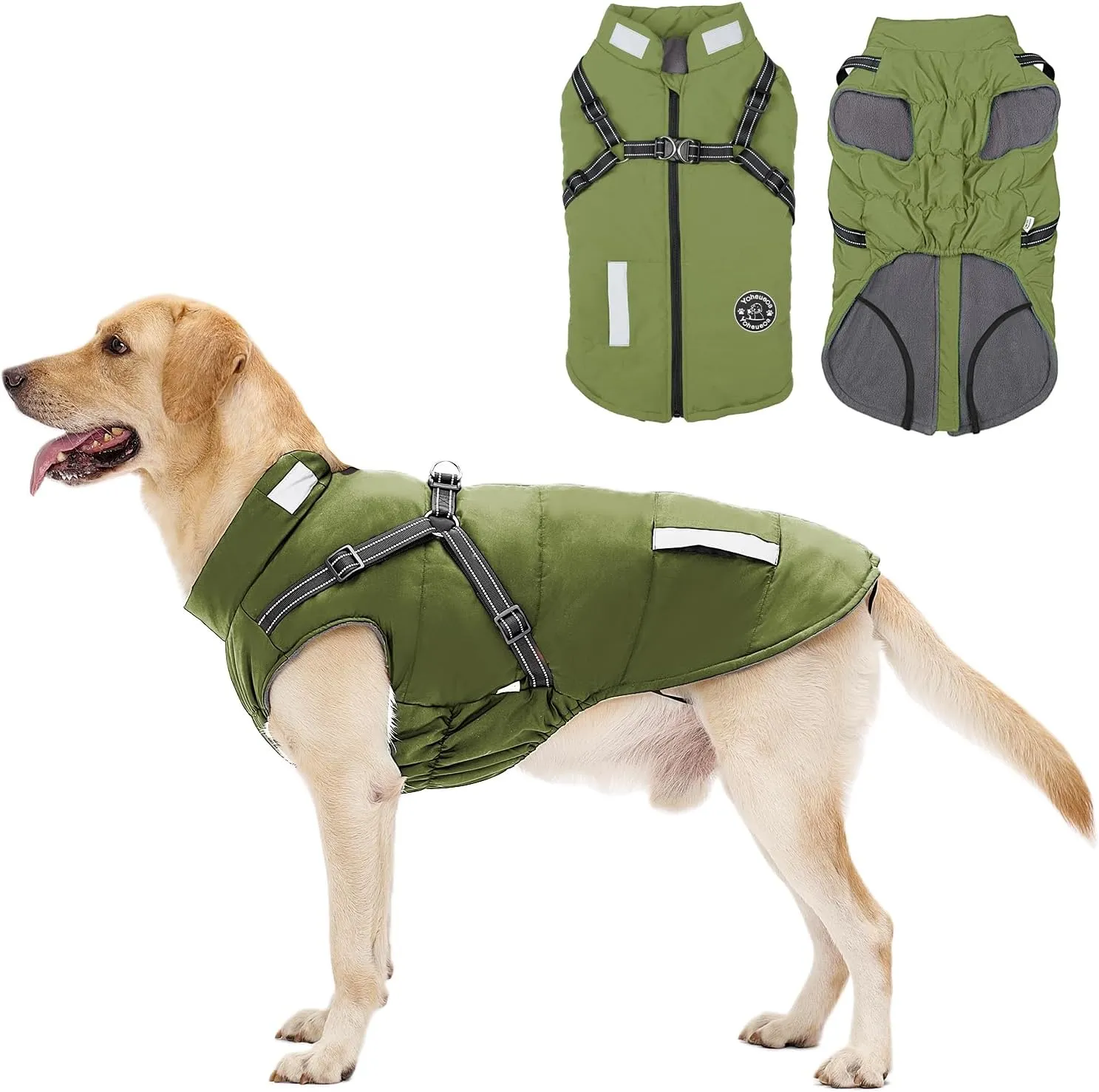 Warm Dog Jacket - Fleece Coat with Built-in Harness, Waterproof Vest, Reflective Stripes, Green, S-M-L