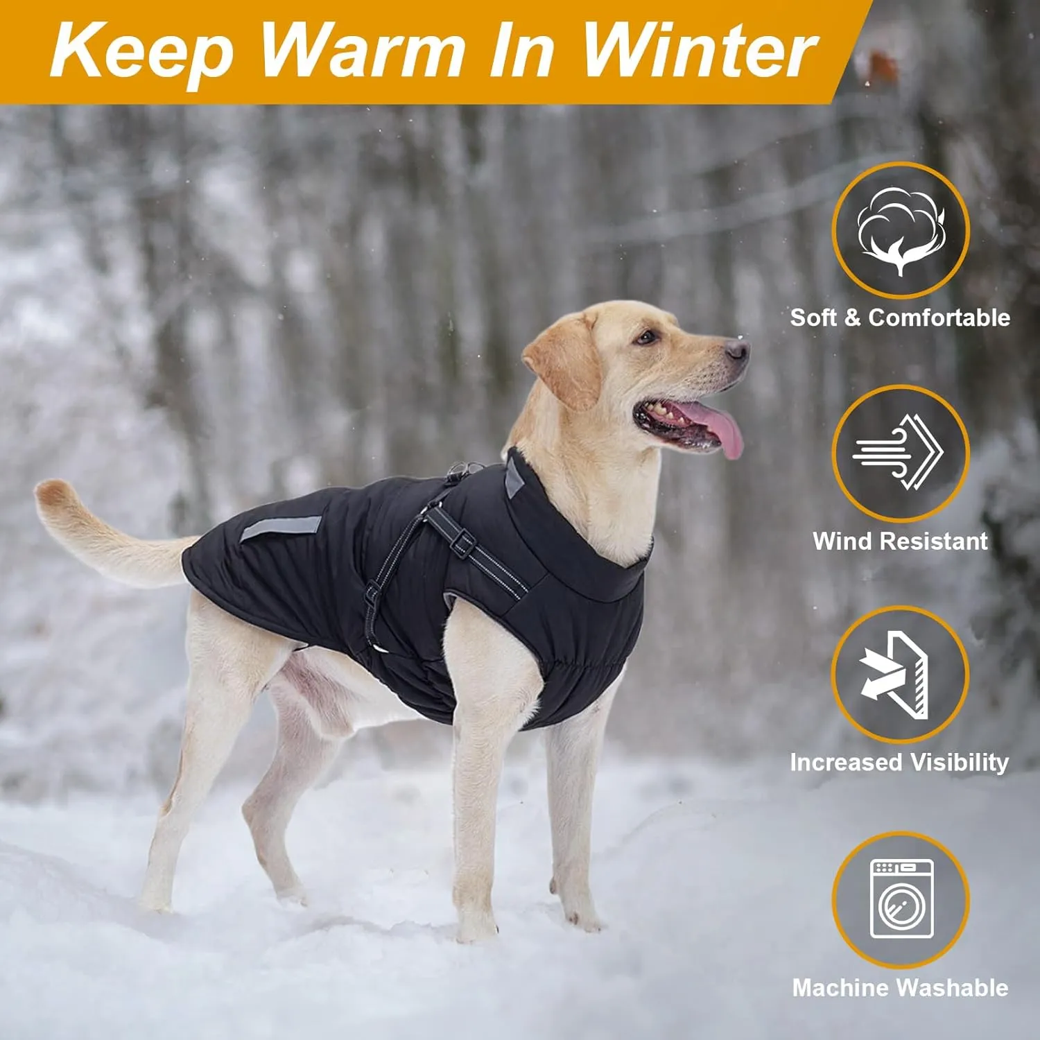 Warm Dog Jacket - Fleece Coat with Built-in Harness, Waterproof Vest, Reflective Stripes, Green, S-M-L