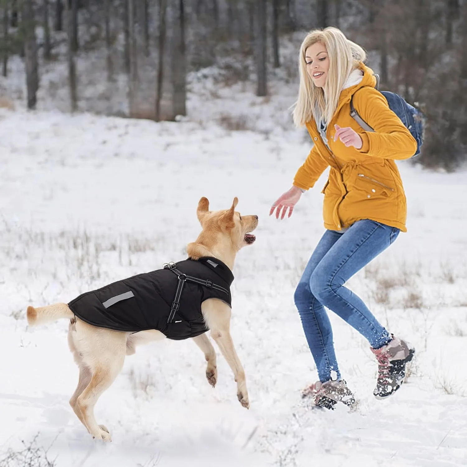 Warm Dog Jacket - Fleece Coat with Built-in Harness, Waterproof Vest, Reflective Stripes, Green, S-M-L