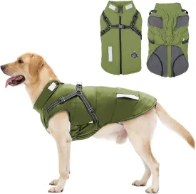 Warm Dog Jacket - Fleece Coat with Built-in Harness, Waterproof Vest, Reflective Stripes, Green, S-M-L