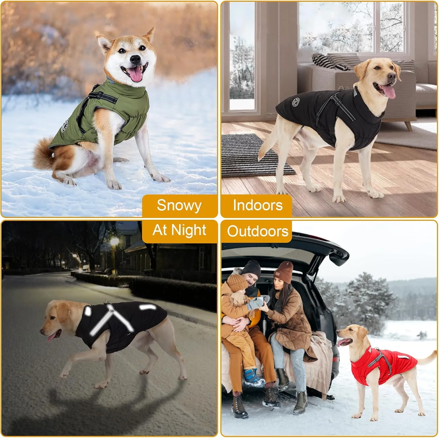 Warm Dog Jacket - Fleece Coat with Built-in Harness, Waterproof Vest, Reflective Stripes, Green, S-M-L
