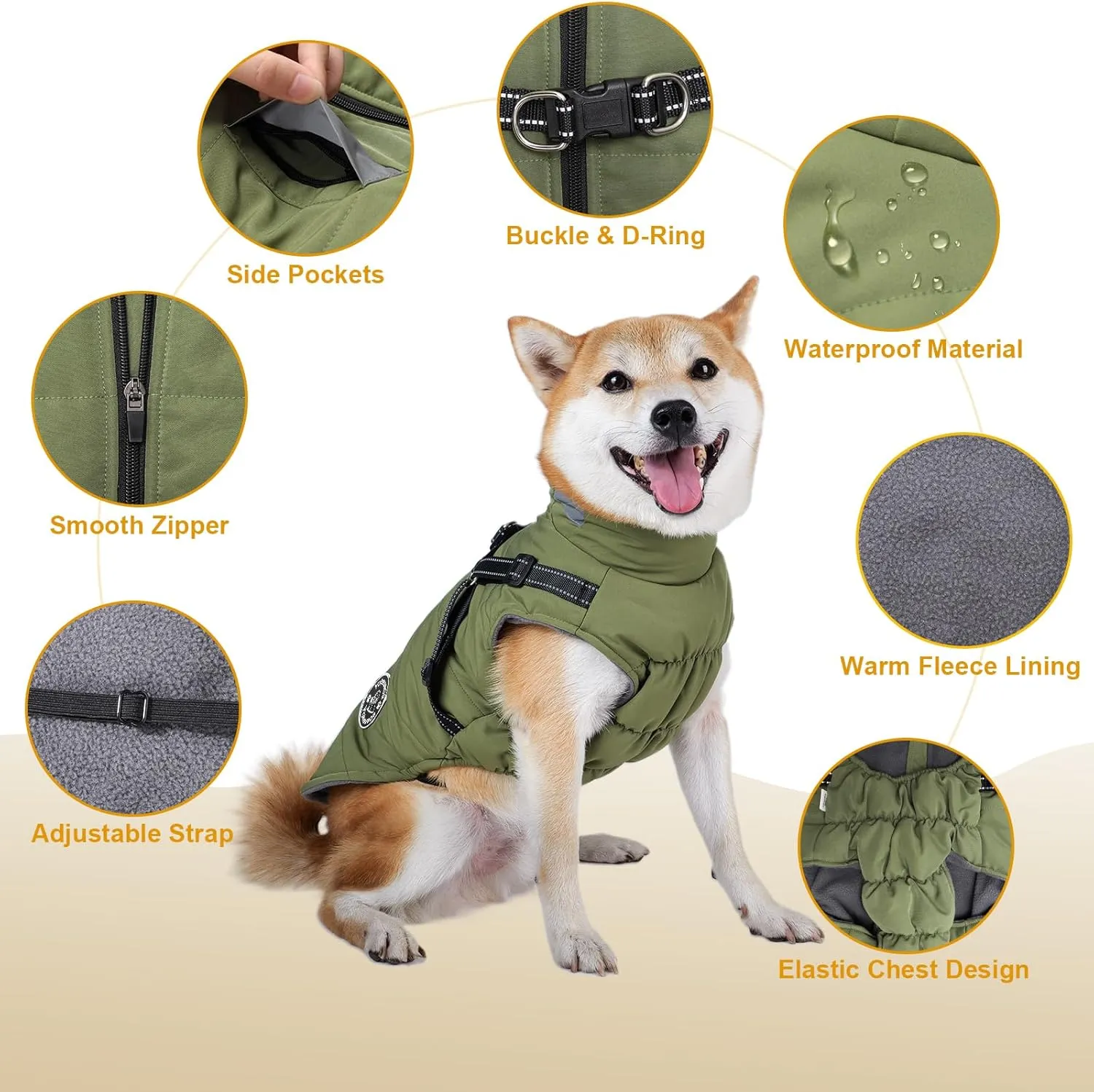 Warm Dog Jacket - Fleece Coat with Built-in Harness, Waterproof Vest, Reflective Stripes, Green, S-M-L