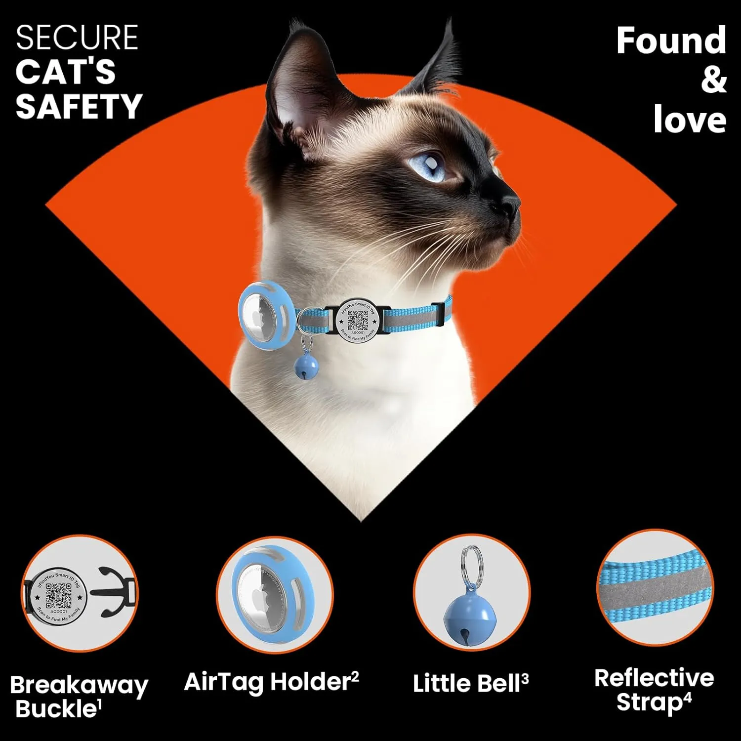 Waterproof Airtag Cat Collar Breakaway, Reflective Cat Collars with Apple Airtag Holder and Qr Code, Adjustable GPS Tracker Kitten Collar Blue