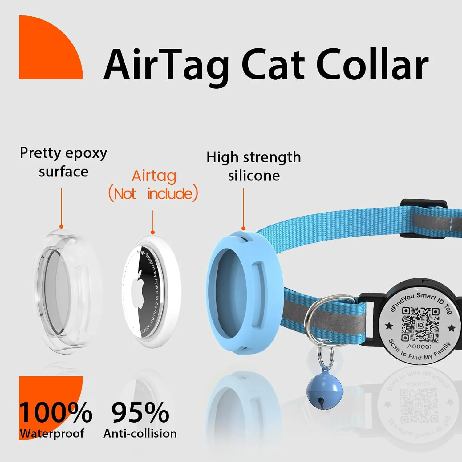 Waterproof Airtag Cat Collar Breakaway, Reflective Cat Collars with Apple Airtag Holder and Qr Code, Adjustable GPS Tracker Kitten Collar Blue