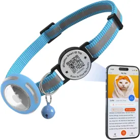 Waterproof Airtag Cat Collar Breakaway, Reflective Cat Collars with Apple Airtag Holder and Qr Code, Adjustable GPS Tracker Kitten Collar Blue